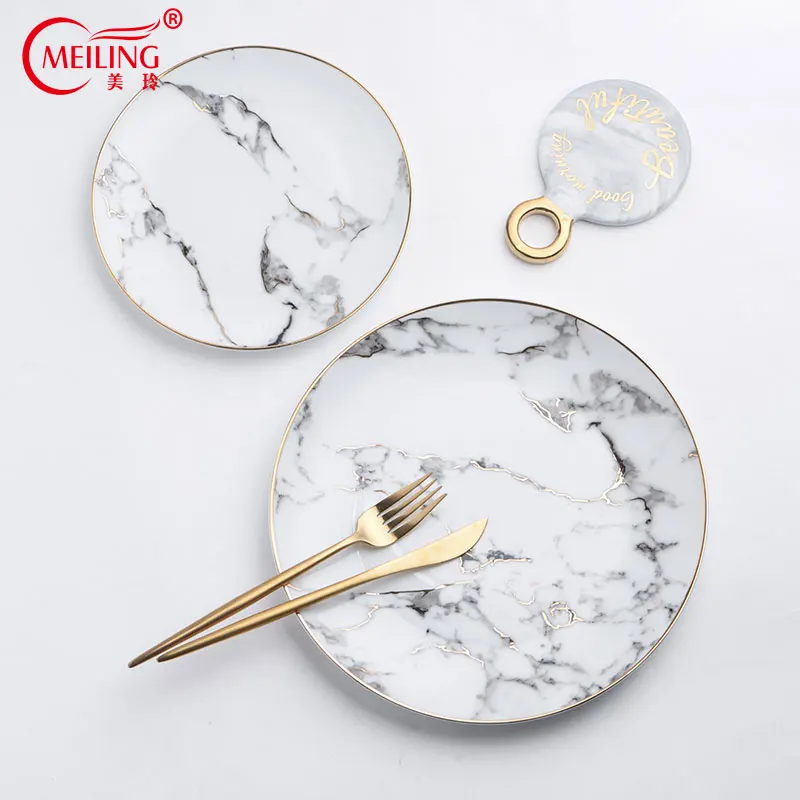 

Marble Pattern Porcelain Platter Ceramic Dinner Plate With Gold Inlay Letter Serving Dish for Food Cake Fruit Salad Table Decor