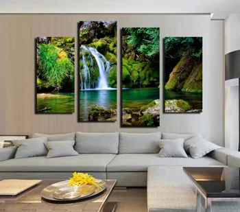 

4 Panel Waterfall And Green Lake Large HD Picture Modern Home Wall Decor Canvas Print Painting For House Decorate Unframed