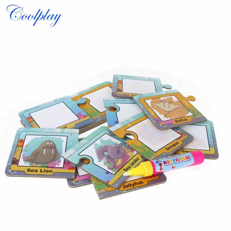 

8PCS Water Doodle Card Drawing Jigsaw Puzzle & Pen Marine Life Water Coloring Painting Board Early Educational Toys For Kids }