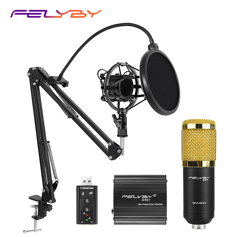 HOT! FELYBY BM 800 Professional Condenser Microphone for Computer Audio Studio Vocal Rrecording Mic Phantom Power Sound card | Электроника