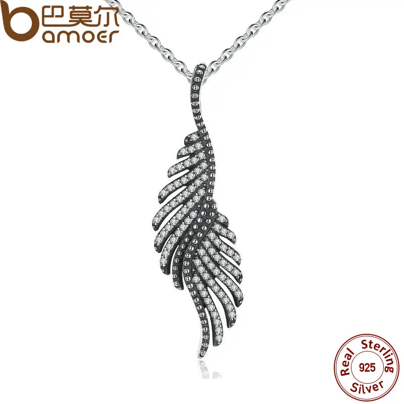 BAMOER New Arrival 925 Sterling Silver Majestic Feathers Pendants Necklaces with Clear CZ Female Fine Jewelry