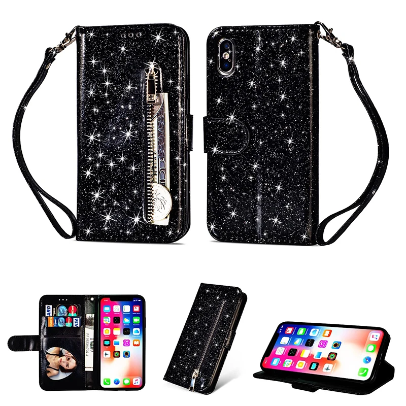 

Shining Leather Flip Zipper Case for Huawei P20 Lite Pro Mate 10 20 Card Holder Wallet Cover for iPhone X XS Max XR 7 8 6s Plus