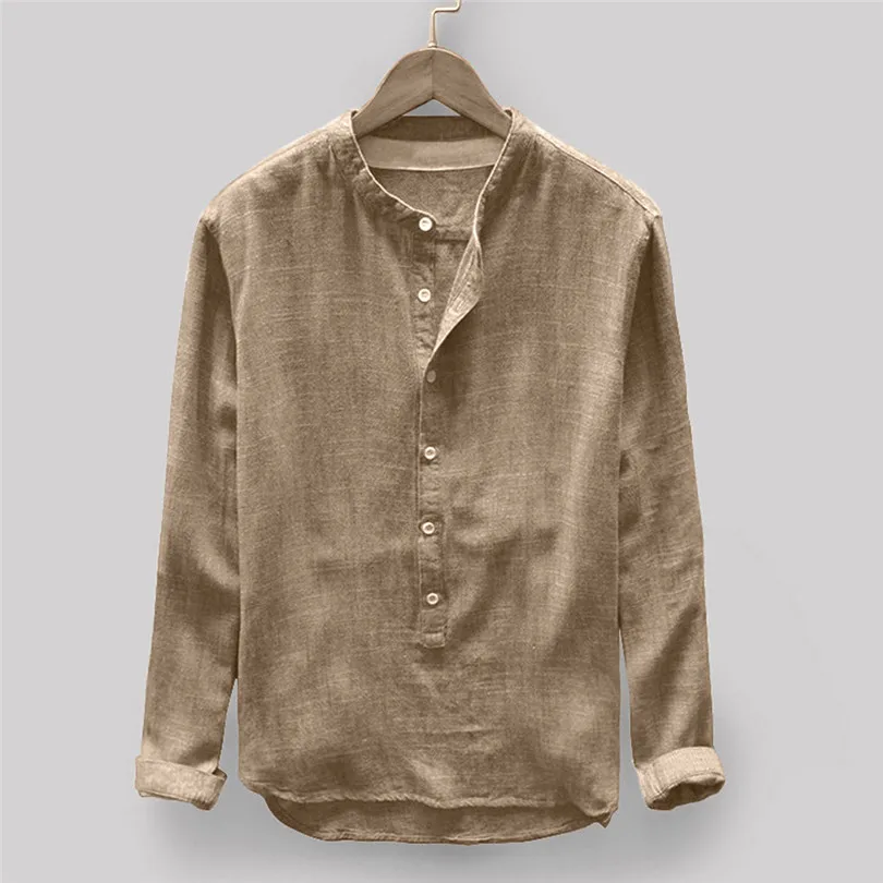  New Fashion Mens Men Autumn Winter Button Casual Daily Linen and Cotton Long Sleeve Travel Top Solid Blouse #4F04 (2)