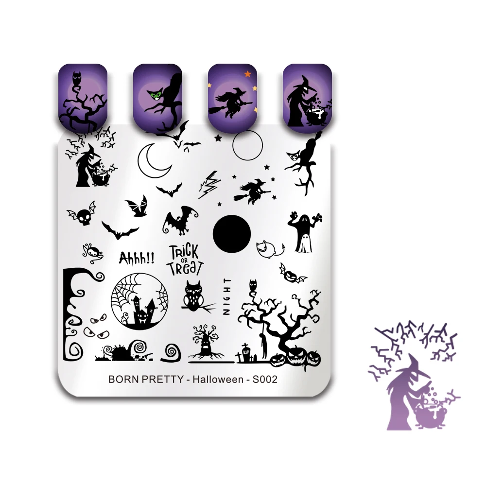 

BORN PRETTY Halloween Day Stamping Template Cat Witch Bat Skull Pumpkin Moth Ghost Castle Zombie Nail Art Stamp Plate