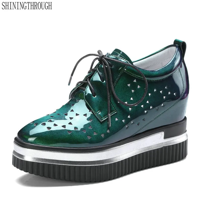 

Autumn Winter Women Shoes square Toe Genuine Leather Oxfors Platform Shoes Height Increasing Casual Shoes green