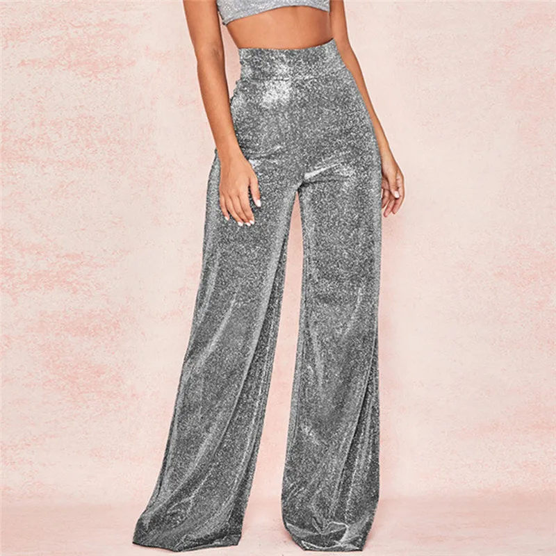 

New Women Pants Solid Glitter Sparkle Bling Fashoin Soft Trousers Autumn Winter Fashion Office Lady Black Wide Leg Pants#296657