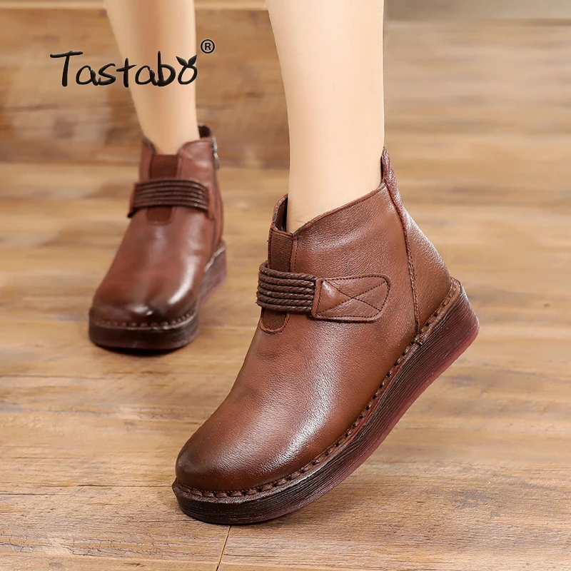

Tastabo Genuine Leather Winter Warm Boots for Women Handmade Ankle Boots With Fur Retro Boots Women Solid Black Ladies Shoes