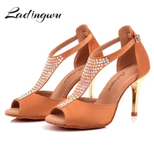 Ladingwu/Женская обувь для латинских танцев мягкие туфли для танцев сальса Стразы коричневого цвета обувь для латинских танцев позолоченный Каблук 8,5 см