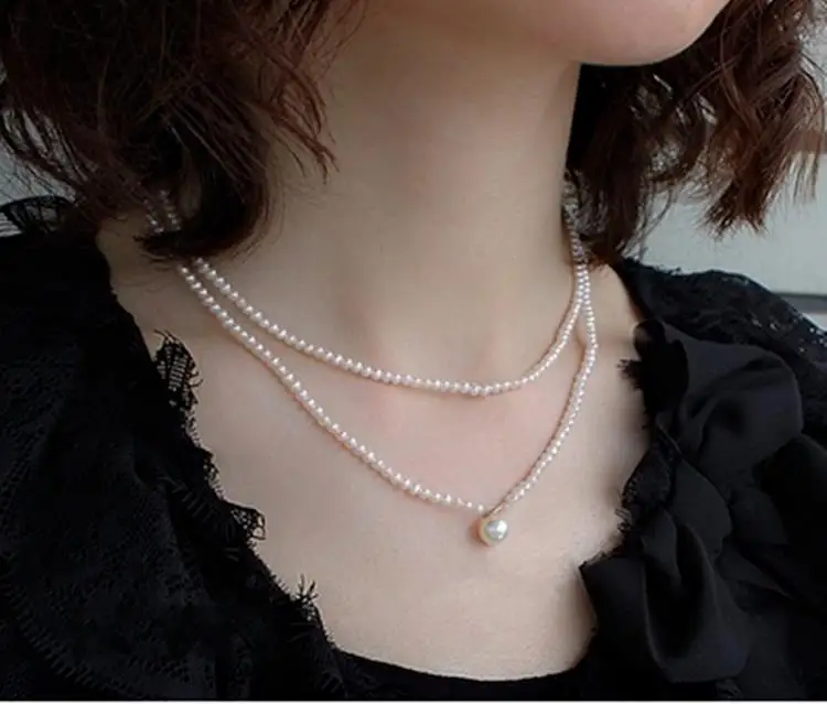 Eternal wedding Women Gift word 925 Sterling real Genuine round pearl necklace very light small double multilayer long pe | Украшения и