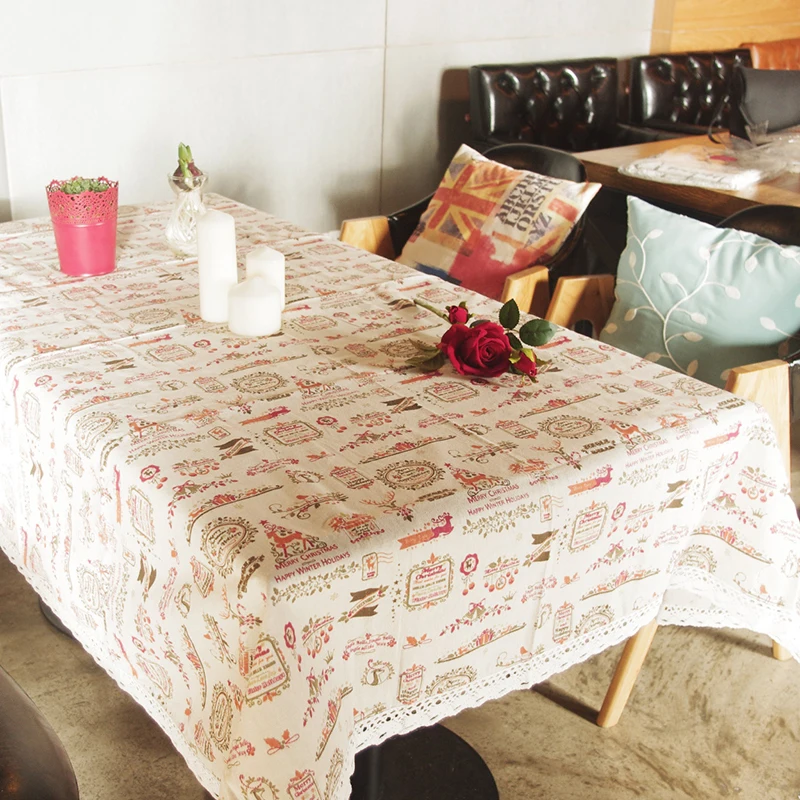  Cartoon Christmas Tablecloth Pattern Printing Line with Lace Edge Table Colth Home Table Cover for 