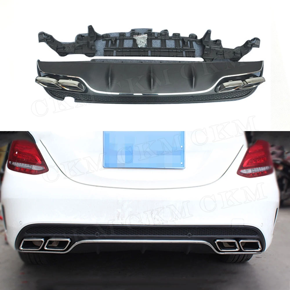 

PP Rear Bumper Lip Diffuser with Exhaust Tips 4 Outlet for Benz C Class W205 C200 C220 Sedan 4 Door Change to C63 AMG look 15-17