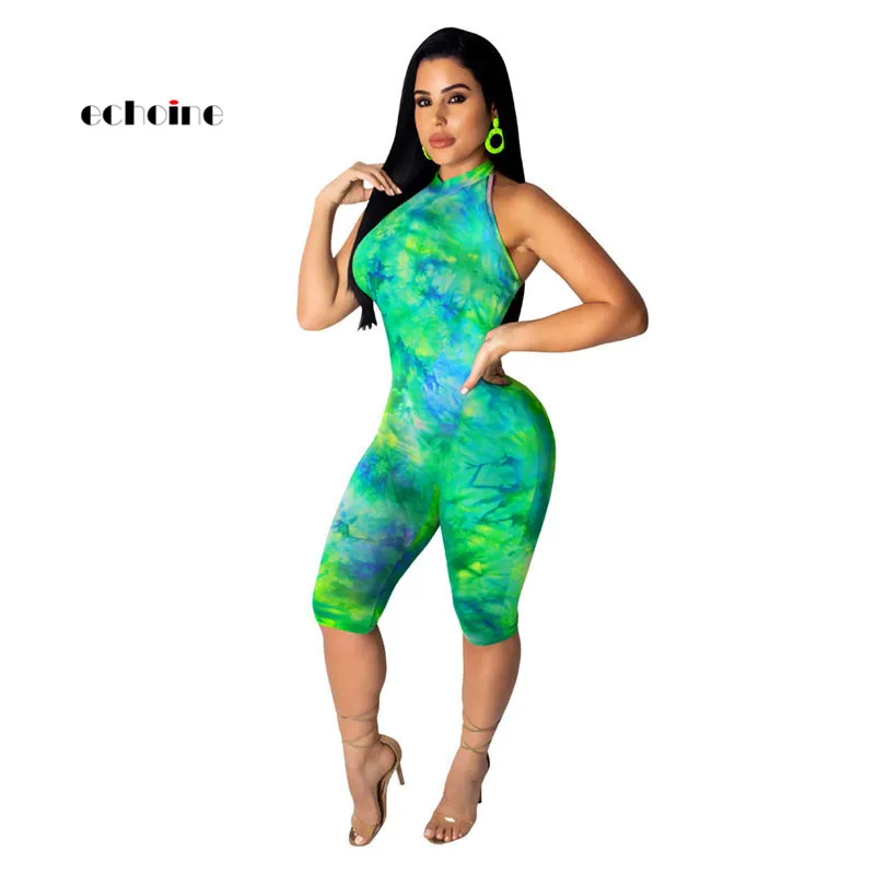 

Echoine Women Jumpsuit Colorful Sexy Halter Off Shoulder Lace Up Tie-Dye Print Fashion Sheath Knee-Length Pants Romper Outerwear
