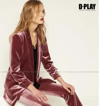 

2017 spring new arrival lotus pink velvet TOP Women formal ol three quarter sleeve outerwear Velvet blazer coat women S-XL