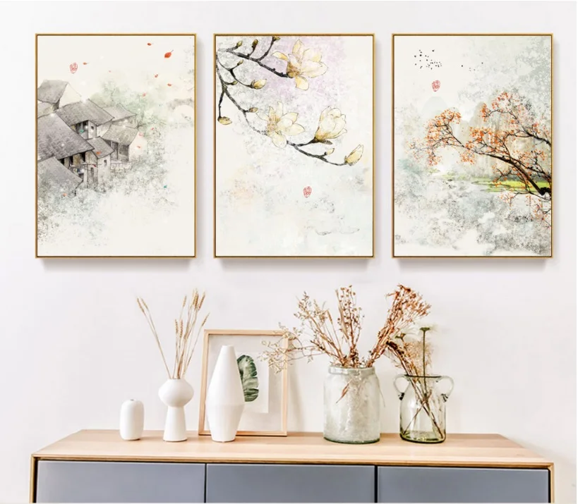

New Chinese Ink Floral Abstraction Wall Art Print Picture Canvas Painting Poster for Living Room 3 Pieces No Framed