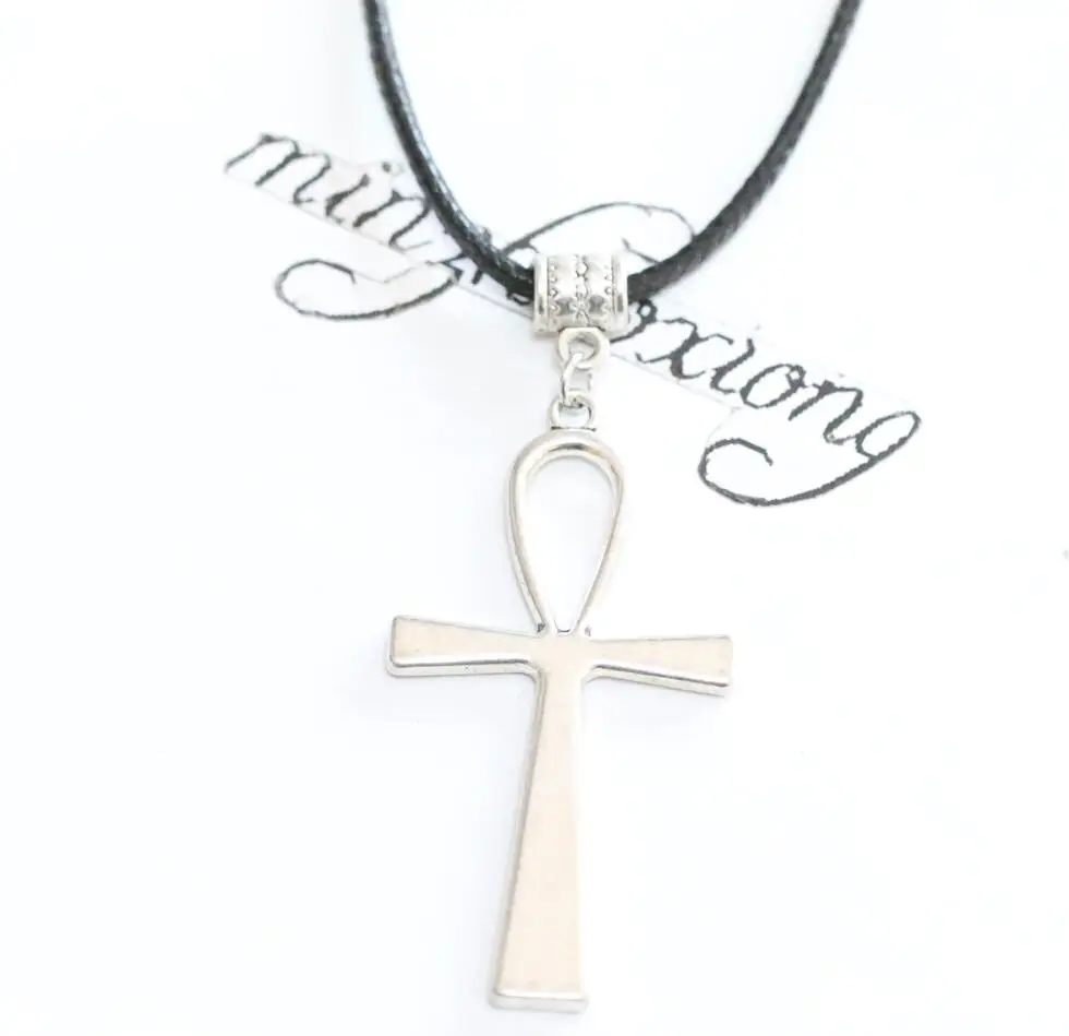 

Fashion Men Women's Vintage Antique Silver Egyptian Ankh Cross Charm Pendant Necklace Gift Black Wax Leather Chain Jewelry