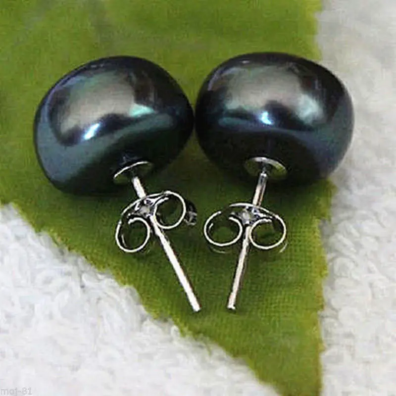 

Free shipping@11-12MM Sterling Silver Black Freshwater Pearl Stud Earring