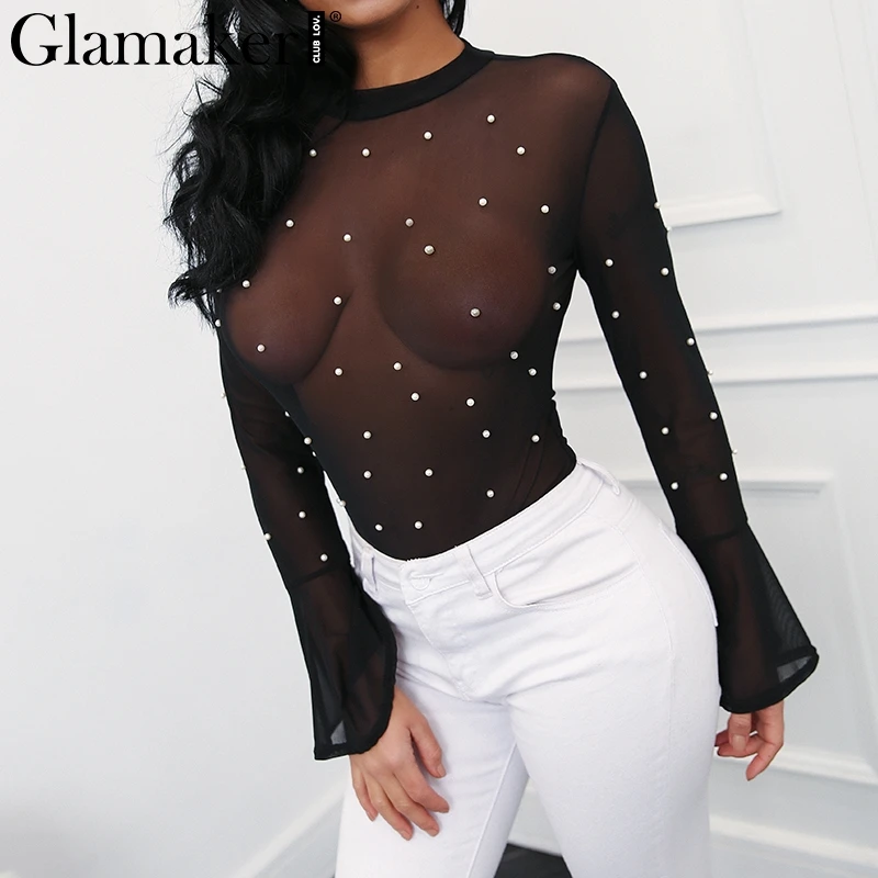 Glamaker Pearl mesh transparent sexy bodysuit Women flare sleeve autumn jumpsuit romper Female streetwear black elegant bodysuit Glamaker Pearl mesh transparent sexy bodysuit Women flare sleeve autumn jumpsuit romper Female streetwear black elegant bodysuit