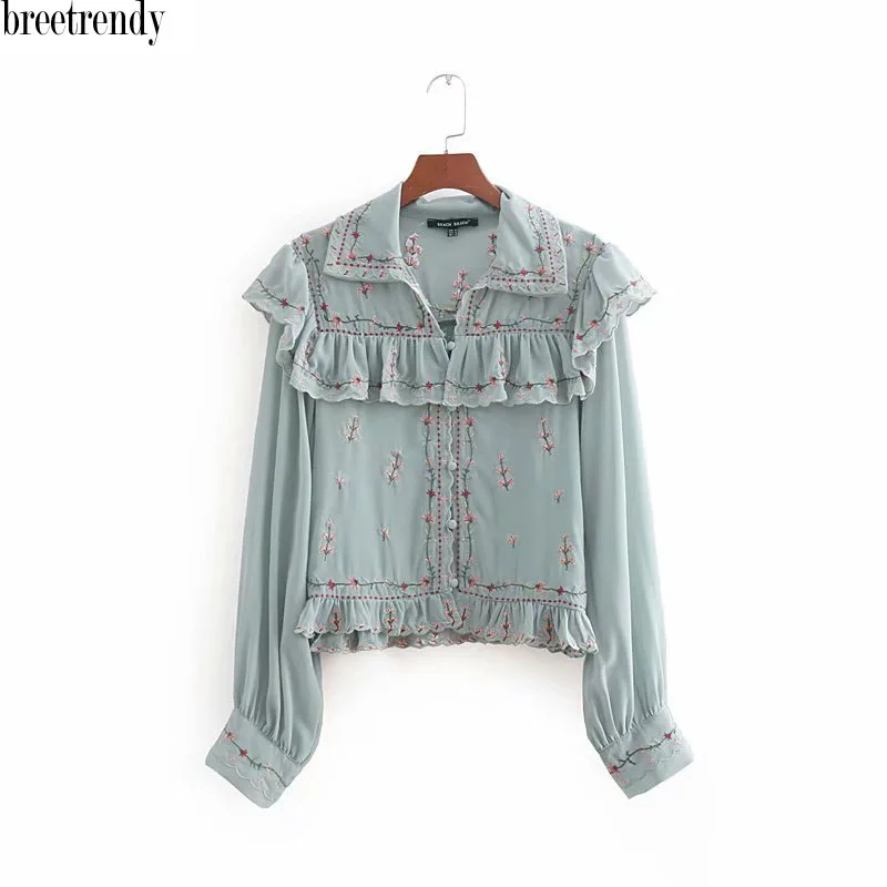 C876 Women Fresh mint green ruffles embroidery blouse pleated ruched