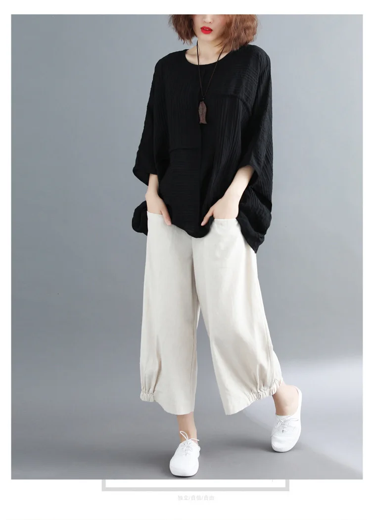  LZJN 2019 New Cotton Linen Soft Wide Leg Women Pants Elastic Waist Solid Color Summer Loose Trouser Plus Size Capris with Pocket (15)