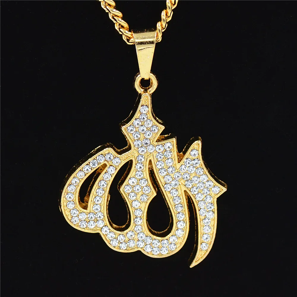 

Uodesign Men Gold Iced Out Muslim Allah Pendant Necklace Hiphop 75cm Length Cuban Chain Islamic Koran Rhinestone Letter Necklac