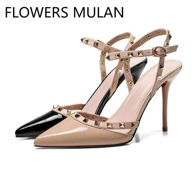 

Shiny Black Beige Patent Leather Women Sandals Pointed Toe High Heels Ladies Shoes Brand Rivets Gladiators Zapatos De Mujer