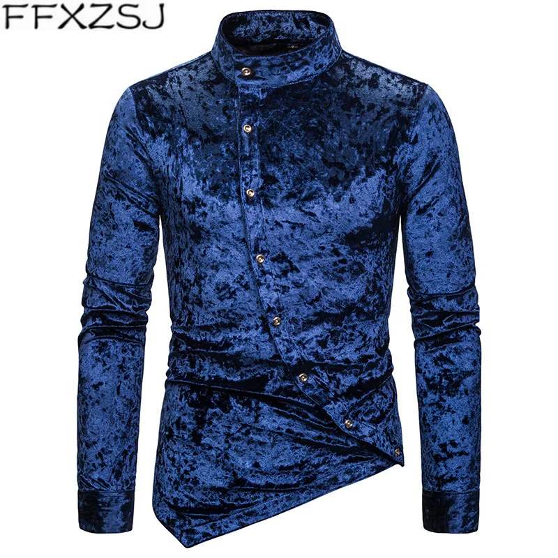 

Mens Thick Velvet Shirts 2019 Brand Casual Slim Fit Men Shirt Long Sleeve Mandarin Collar Shirt Men Business Social Shirts XXL