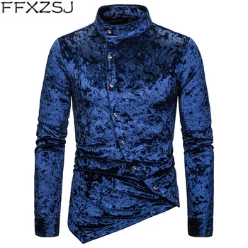 

Mens Thick Velvet Shirts 2019 Brand Casual Slim Fit Men Shirt Long Sleeve Mandarin Collar Shirt Men Business Social Shirts XXL