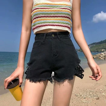 

2019 Summer Loose Side with nailed denim shorts female loose hole high waist jeans female wide leg was thin worn hot