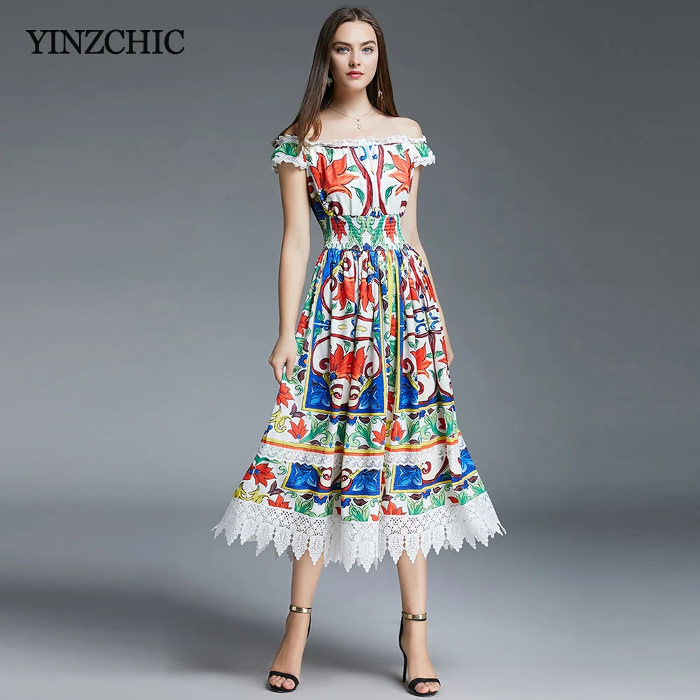 

Vintage Printed Woman A-line Dress Slash Neck Ladies Slim Party Dresses Summer New Lace Patched Female Street Dress Woman