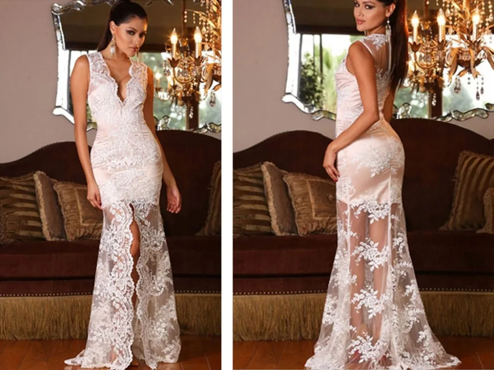 

new hot Sexy deep v-neck see through sleeveless Lace appliques mermaid Evening Dress 2016 Prom gown Elegant Formal Dresses