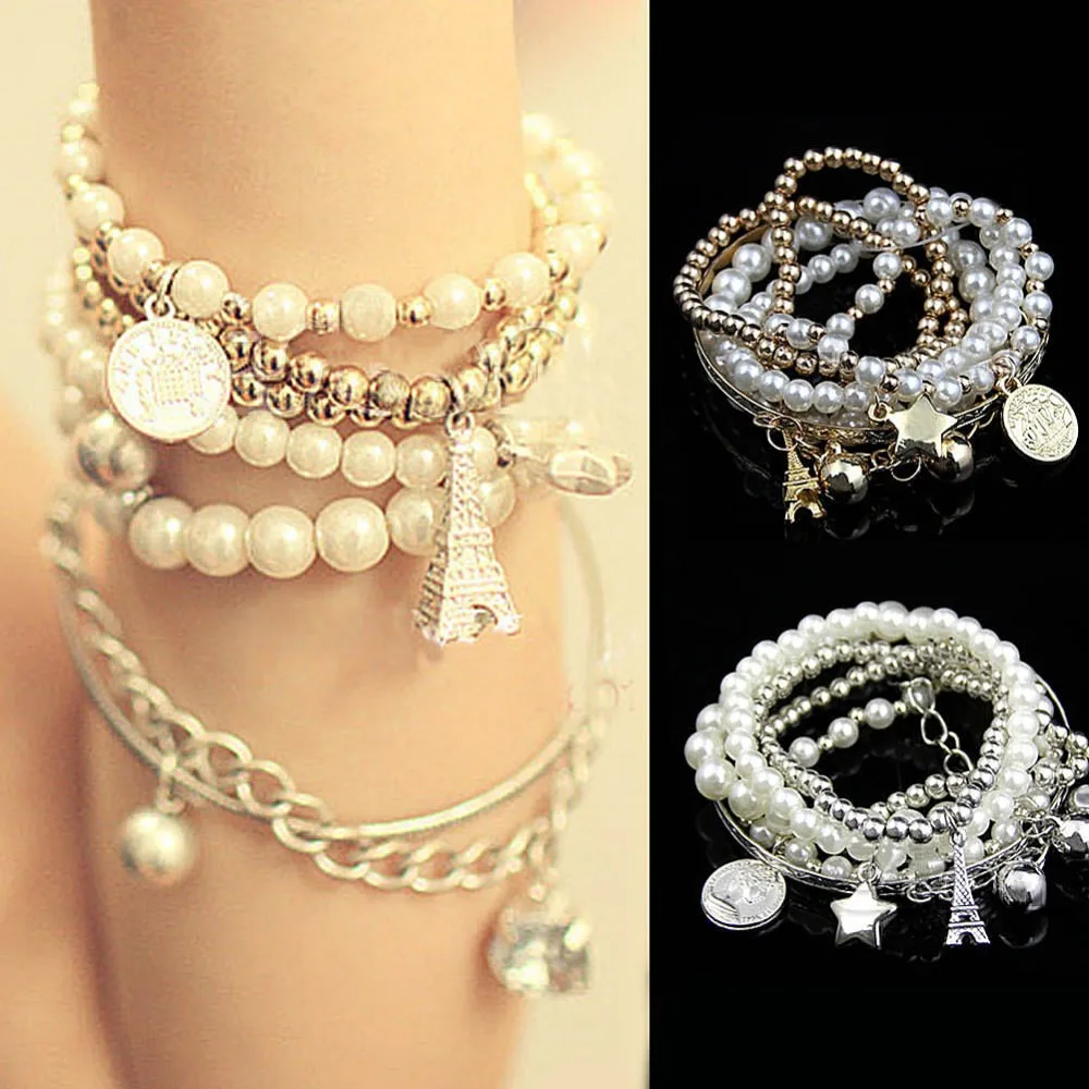 Fashion Women's Unique Gold Silver Metal Faux Pearl Multilayer Pendant Bracelet Hot Sale B0740 | Украшения и аксессуары