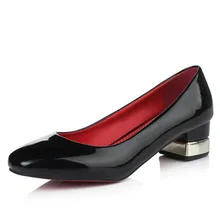 2016 Spring Fashion Women Thick med heel Shoes Vintage Grid Red Bottom patent leather PU Pumps Causal Women Shoes Plus size34-43