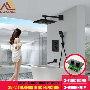 

Quyanre Matte Black 3 Functions Shower Faucets Set Mult-fuctional Shower 3-way Thermostatic Dual Handles Mixer Swivel Tub Spout