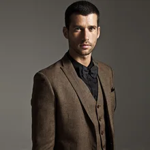 Осень Зима индивидуальный заказ коричневый твид жениха смокинги 3 шт мужские свадебные выпускные костюмы Лучший мужской костюм Блейзер masculino