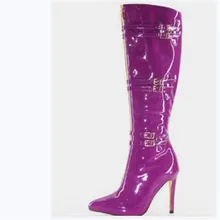 SHOFOO/обувь. Новинка; модная обувь; ; фиолетовая кожа; сапоги на высоком каблуке 11 см; сапоги до колена; Размеры: 34-45