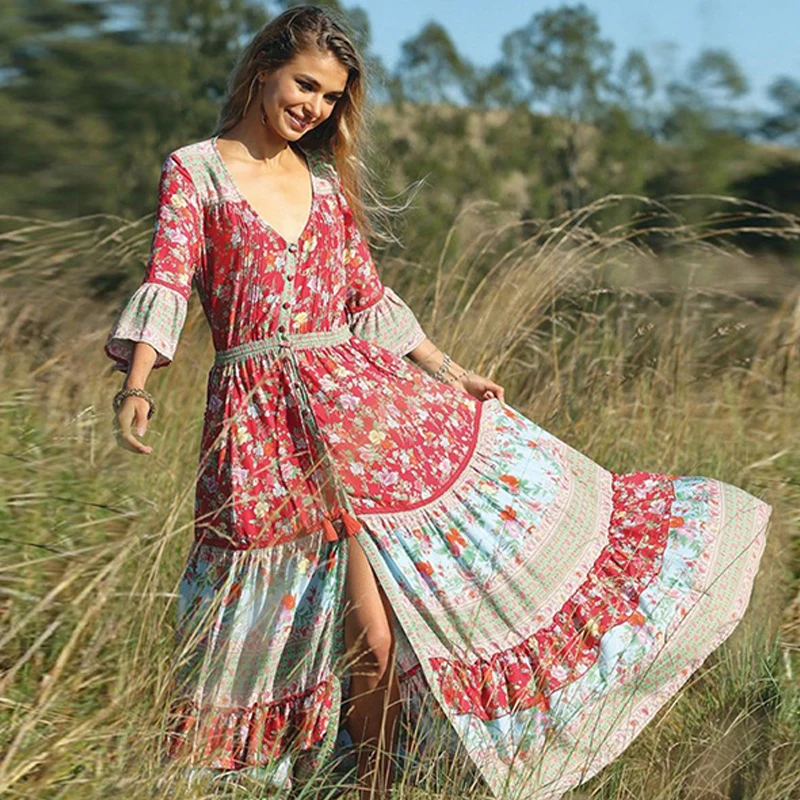 

Sexy V-Neck High Split Women Dress Elegant Floral Print Summer Female Dresses Boho Chic Saida De Praia Loose Feminino Vestidos
