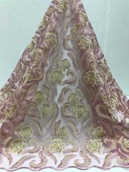 

2019 Latest Gold pink stones French African Lace Fabric With beads High Quality African Tulle Lace Fabric For Wedding