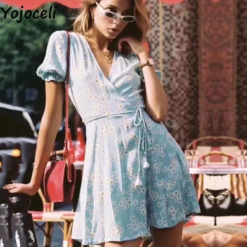 

Yojoceli Sexy tassel floral print wrap dress women Summer elegant party short dress Fashion casual beach dress vestidos
