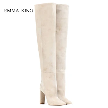 

EMMA KING Botas Mujer Invierno Beige Suede Pointy Toe Thick High Heels Over the Knee Boots Elegant Ladies Shoes Zapatos De Mujer