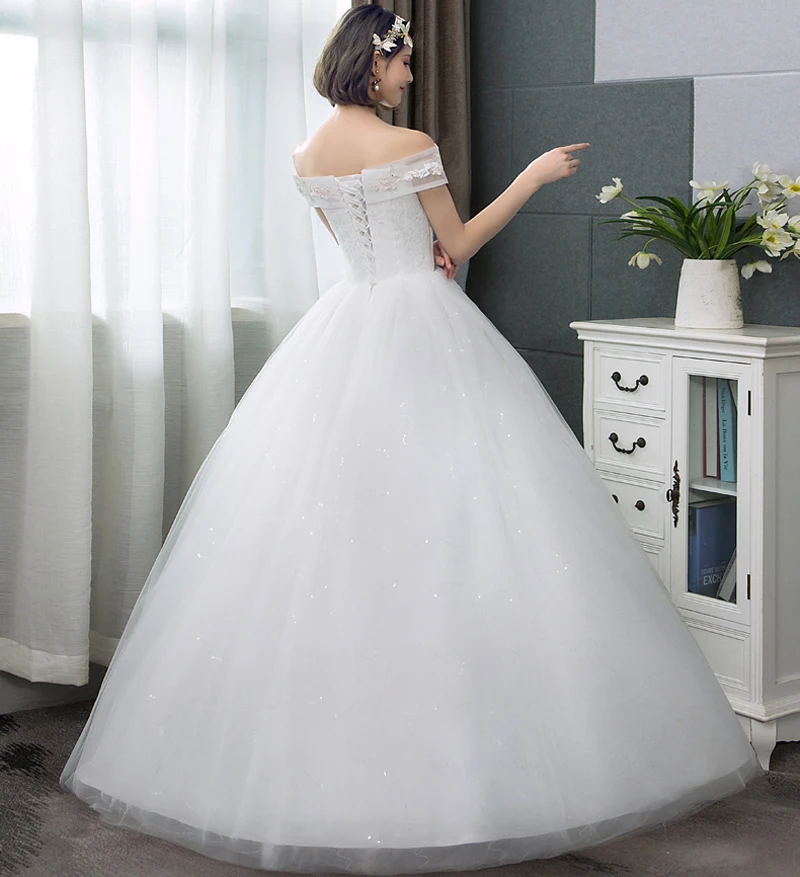 Best Ivory new arrive Boat neck Lace ball gown Appliques Flowers Short Sleeve formal bride dresses wedding dress 4