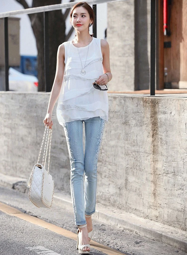 Women's jeans pencil leg pants Jeans for women light blue rhinestones jeans women
