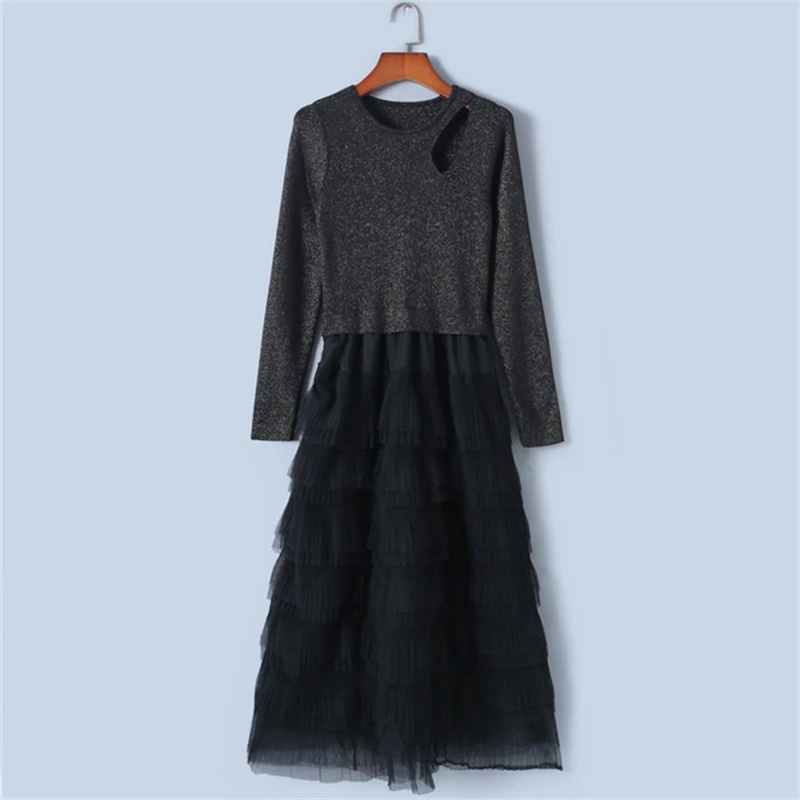 

Tunjuefs Slim Elegant Lurex Dress Women Robe Hole 2019 New Spring Mesh Pullovers Knit Dress Side Zippers Vestido Runway