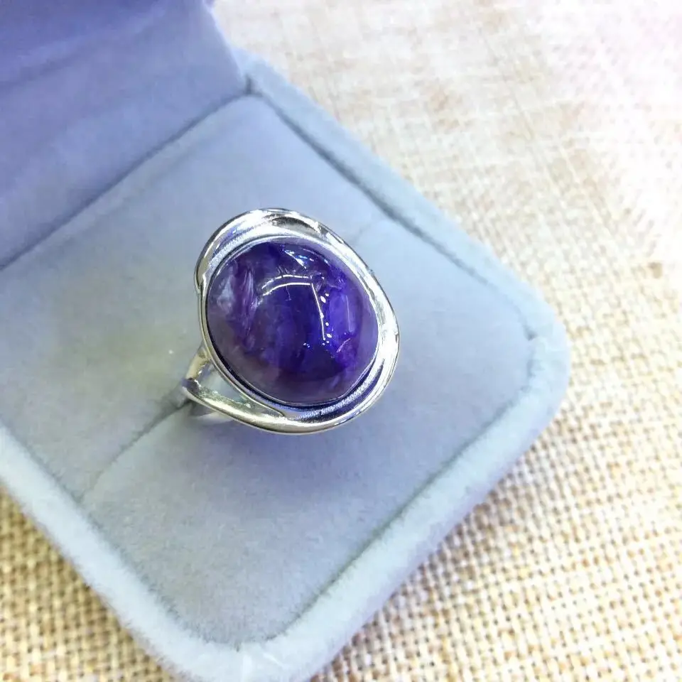 

Fashion Silver S925 Sterling Silver Retro Thai Silver Inlaid Natural Charoite Open Ended Women Ring