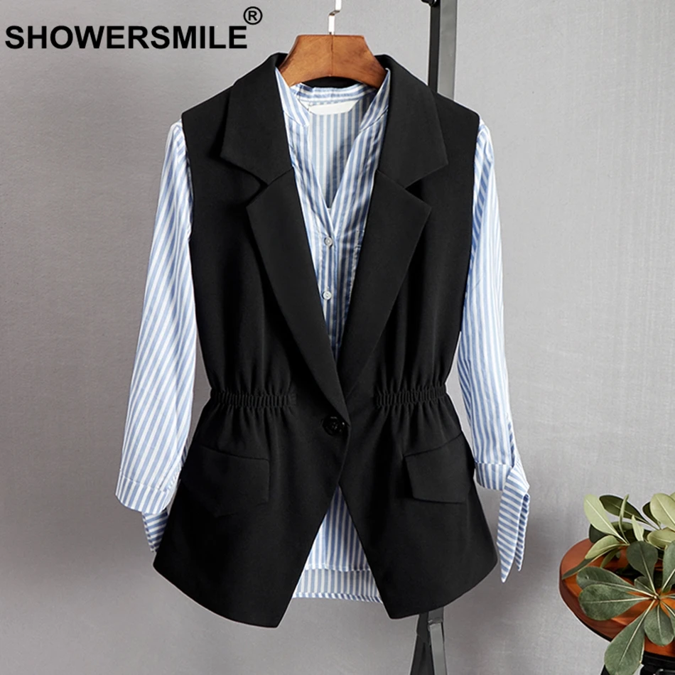 SHOWERSMILE OL Vest Ladies Black Elegant Waistcoat Women Elastic Waist Slim Office One Button Spring Autumn Designer Clothing