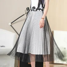 Новинка, Женская юбка в горошек с вышивкой в сеточку, летняя длинная Повседневная плиссированная юбка до середины икры с эластичной резинкой на талии, XL-01