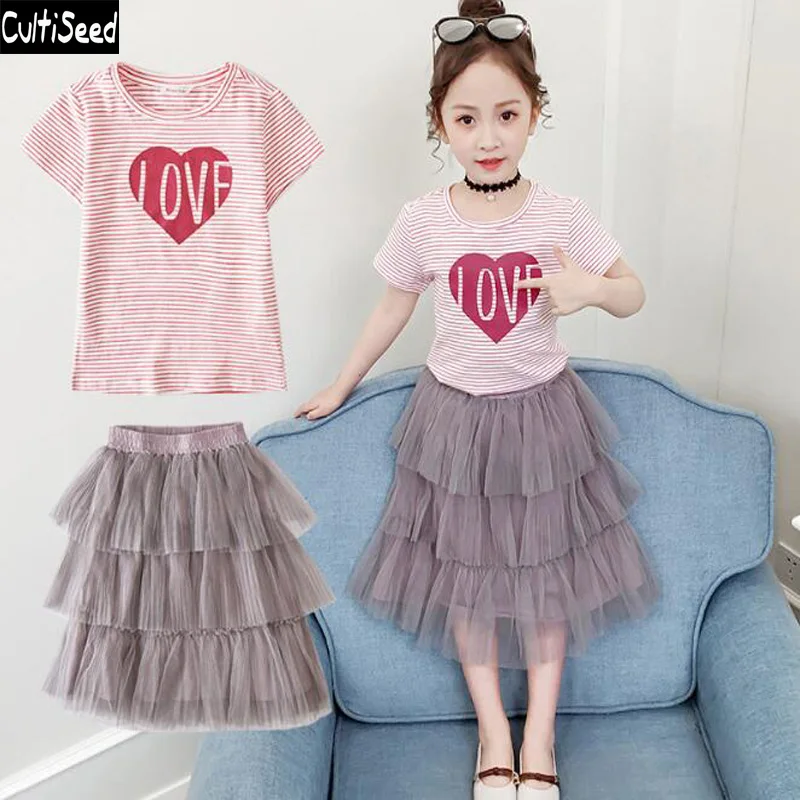 

Cultiseed Big Girl Summer Dress Sets Clothing Children Letter Heart Print Striped T-Shirt+Mesh Cake Dress Set Kids Cute Dresses