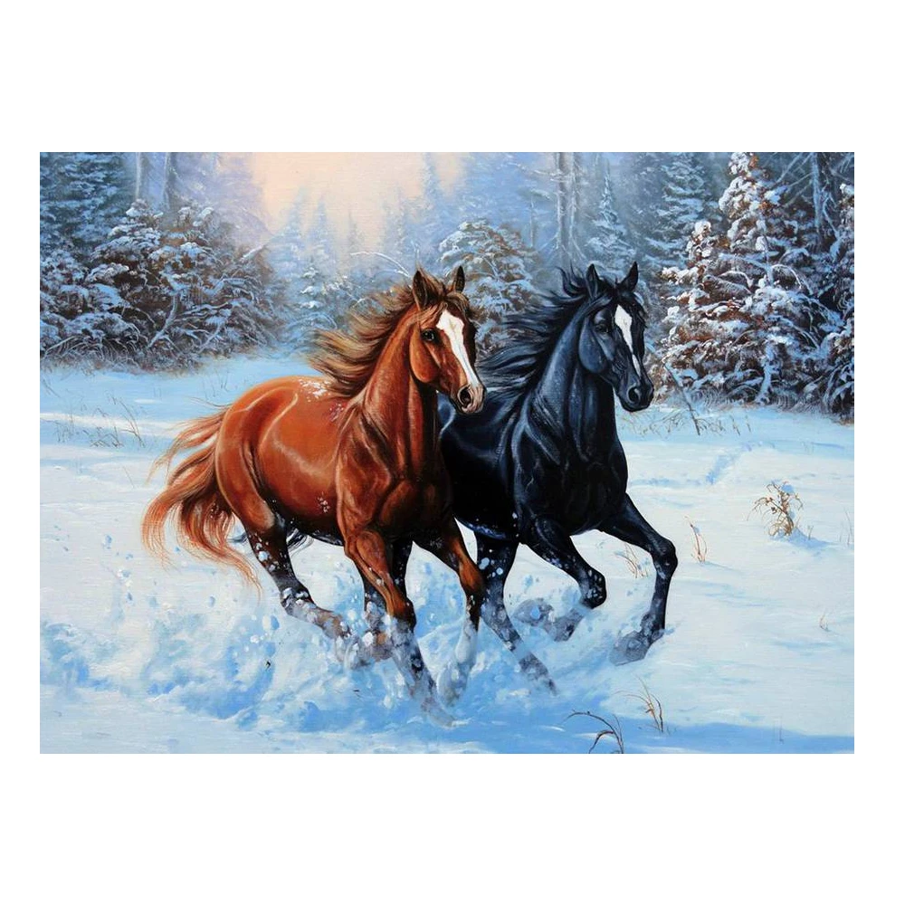 DIY Алмазная Картина лошадь бег в зимнем пейзаже полный dimaond вышивка красный черный лошадь декоративная Бриллиантовая мозаика лошадь зима