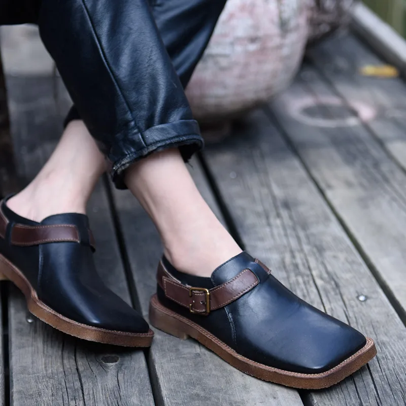 

Artmu Square Toe Women Shoes Fashion Casual Shoes Handmade Genuine Leather Shoes Woman Flats Buckle Female zapatos mujer