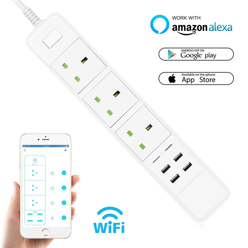 

Smart Wifi Power Strip WiFi Socket Remote Control 3 Outlet with 4 USB 5V/2.4A for Phone App Control