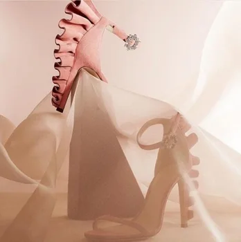 

Hot Selling Pink Suede Ruffles Women Sandals Cut-out Ankle Strap Wedding Shoes Bride Stiletto Heels Gladiator Sandals Shoes